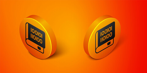 Isometric Books about programming icon isolated on orange background. Programming language concept. PHP, CSS, XML, HTML, Javascript learning. Orange circle button. Vector