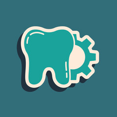 Green Tooth treatment procedure icon isolated on green background. Tooth repair with gear. Long shadow style. Vector