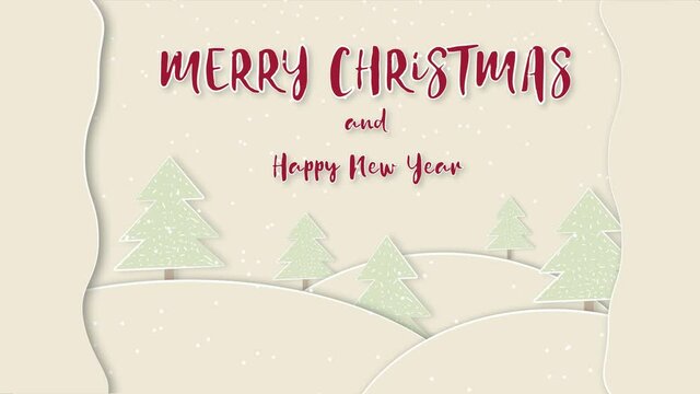 Animated greeting card happy New Year and Christmas. Nature, Christmas trees, text in the style of a paper postcard.