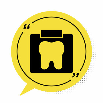 Black X-ray of tooth icon isolated on white background. Dental x-ray. Radiology image. Yellow speech bubble symbol. Vector