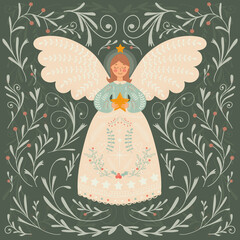 Beautiful christmas angel with a star. Christmas greeting card in folk style.