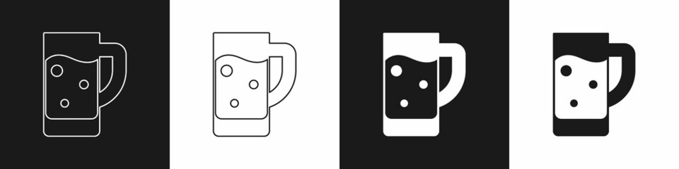 Set Glass of beer icon isolated on black and white background. Vector