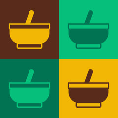 Pop art Mortar and pestle icon isolated on color background. Vector