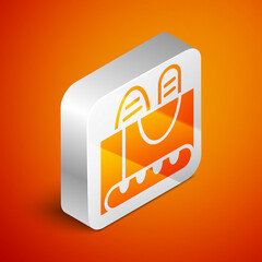 Isometric French baguette bread icon isolated on orange background. Silver square button. Vector