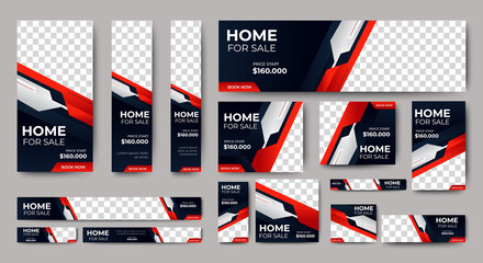 Real estate banner design web template Set, Horizontal header web banner. Modern Gradient red cover header background for website design, Social Media Cover ads banner, flyer, invitation card