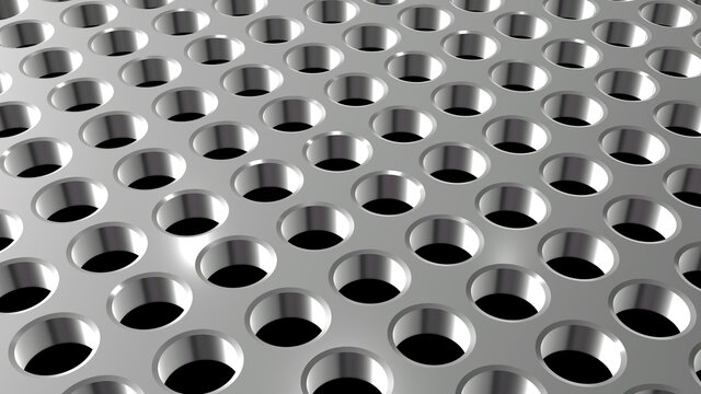 Metallic background with punched holes pattern, technological metal design, 3D perforated texture render ilustration.