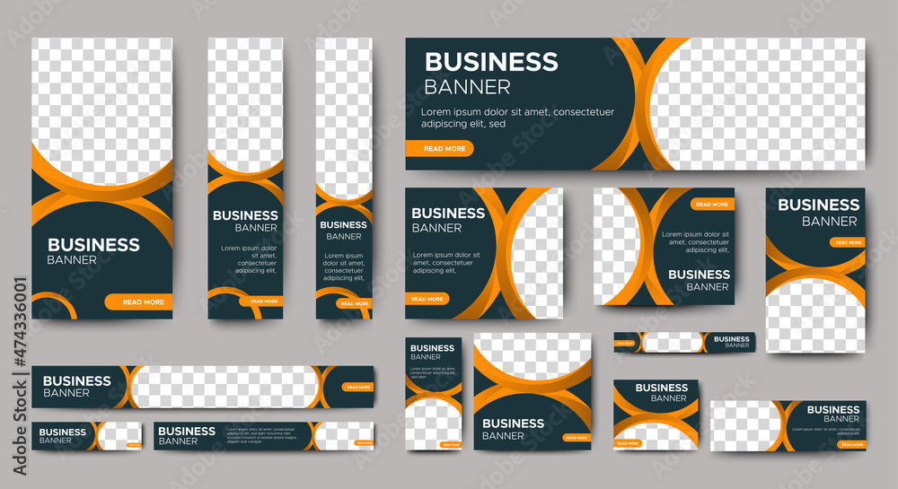 Sticker business banner design web template set, horizontal header web banner. modern gradient black cover h