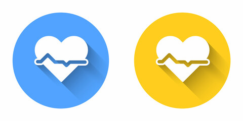 White Heart rate icon isolated with long shadow background. Heartbeat sign. Heart pulse icon. Cardiogram icon. Circle button. Vector