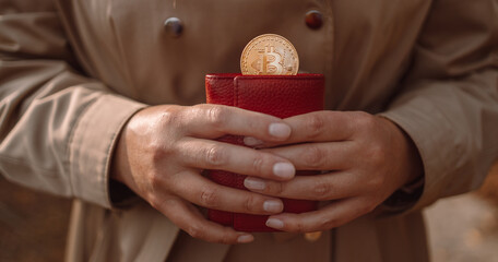 Unrecognizable female takes out bitcoin cash coin from a red leather wallet on the street. Payment, salary and banking concept. - Powered by Adobe