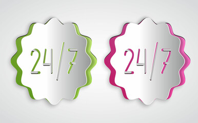 Paper cut Clock 24 hours icon isolated on grey background. All day cyclic icon. 24 hours service symbol. Paper art style. Vector