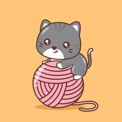 cute cat with big pink yarn ball