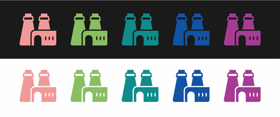 Set Factory production icon isolated on black and white background. Industrial building. Vector