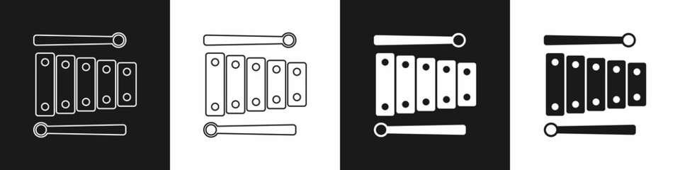 Set Xylophone - musical instrument with thirteen wooden bars and two percussion mallets icon isolated on black and white background. Vector