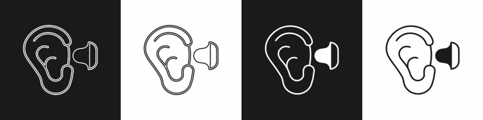 Set Earplugs and ear icon isolated on black and white background. Ear plug sign. Noise symbol. Sleeping quality concept. Vector - obrazy, fototapety, plakaty