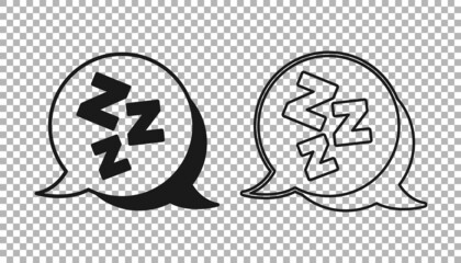 Black Sleepy icon isolated on transparent background. Sleepy zzz talk bubble. Vector