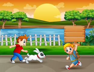 Obraz premium Cartoon the children running on the road