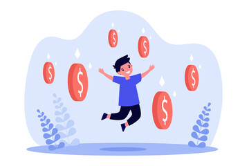 Happy kid enjoying falling money rain. Rich boy jumping with flying coins flat vector illustration. Investment, success, financial prize concept for banner, website design or landing web page