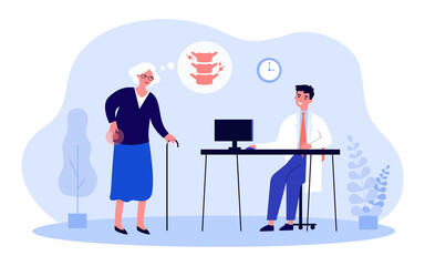 Old woman with back pain in hospital at doctor appointment. Diagnostics of arthritis, osteoporosis in elderly flat vector illustration. Medicine concept for banner, website design or landing web page - obrazy, fototapety, plakaty