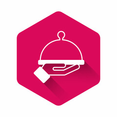 White Covered with a tray of food icon isolated with long shadow background. Tray and lid sign. Restaurant cloche with lid. Pink hexagon button. Vector