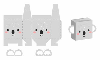 Simple packaging favor box koala design for sweets, candies, presents, bakery. DIY package template for any purposes, birthdays, baby showers, halloween, christmas. Print, cutout, fold, glue. © Jexy