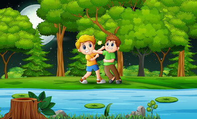 Naklejka premium Cartoon illustration boys fighting on the riverside