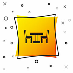 Black Wooden table with chair icon isolated on white background. Street cafe. Yellow square button. Vector