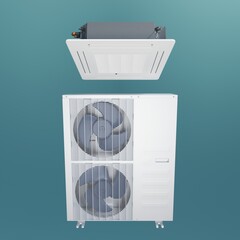 ceiling air conditioner and big outdoor unit. 3d render