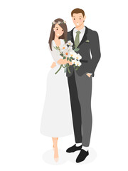 cute cartoon young wedding couple with Phalaenopsis orchid bouquet flat style