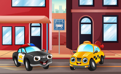 Cartoon illustration of police car and taxi parking on the street