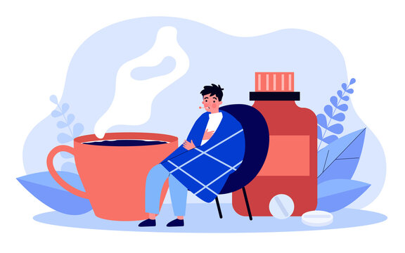 Tiny Sick Boy Sitting By Cup Of Hot Tea And Pills. Person Measuring Temperature With Thermometer Flat Vector Illustration. Cold, Flu In Winter Concept For Banner, Website Design Or Landing Web Page