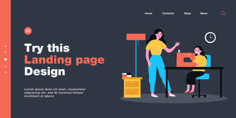 Mother teaching daughter to use sewing machine. Woman explaining to girl how to make or repair clothes flat vector illustration. Family, education concept for banner, website design or landing page