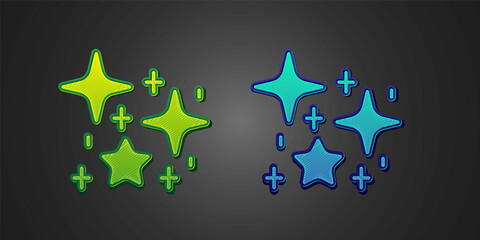 Green and blue Sparkle stars with magical glitter particles icon isolated on black background. Magic christmas decoration. Vector