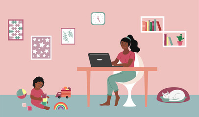 Mother works at home with laptop. Baby toddler playing with toys on floor. African american woman working remotely and sitting at table. Cat sleeping. Home interior. Vector flat illustration