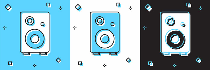 Set Stereo speaker icon isolated on blue and white, black background. Sound system speakers. Music icon. Musical column speaker bass equipment. Vector