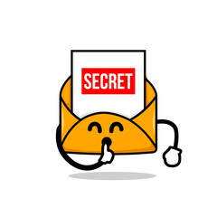 secret email concept. isolated cute mail cartoon face hushing hand vector illustration