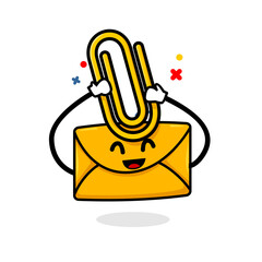 email attachment concept. isolated cute mail cartoon face holding paper clip vector illustration