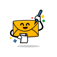 write an email. isolated cute mail cartoon face chracter  holding pen and paper ready to write a letter vector illustration