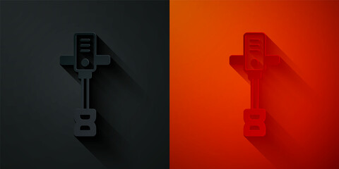 Paper cut Electrical hand concrete mixer icon isolated on black and red background. Handheld electric cement mixer. Paper art style. Vector