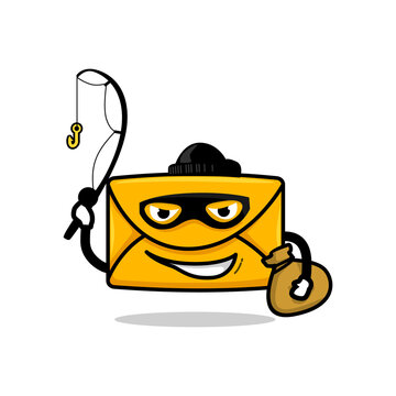 pishing email concept. isolated bad guy mail cartoon face holding fishing rod vector illustration