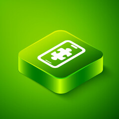 Isometric Smartphone and playing in game icon isolated on green background. Mobile gaming concept. Green square button. Vector