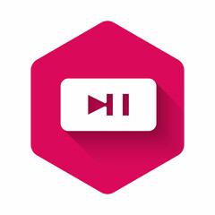 White Pause button icon isolated with long shadow background. Pink hexagon button. Vector