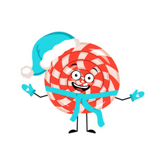Cute character lollipop with happy emotions, face, smile, eyes, arms and legs in Santa hat with scarf and mittens. Cheerful sweet candy person