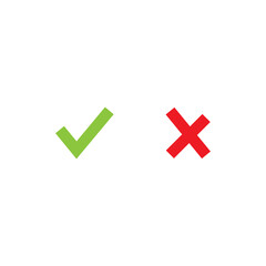 Set of check mark icons. green hand drawn tick and red cross. Flat cartoon style.