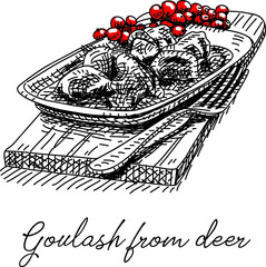 Goulash from deer Sketchy goulash from deer Goulash stock vector. Sketchy hand-drawn illustration. - obrazy, fototapety, plakaty