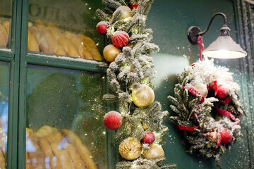 Christmas bakery showcase and Christmas garland