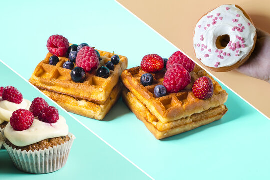 A set of pictures of colorful desserts. Bright donuts, cupcakes and soft waffles with berries on a colored background, a collage of confectionery