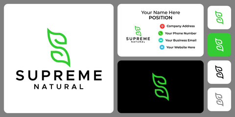 Letter S monogram leaf nature logo design with business card template.