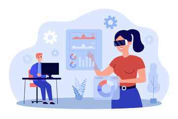 Interactive work of woman with VR glasses in virtual reality. People in futuristic workspace flat vector illustration. AR technology, future concept for banner, website design or landing web page