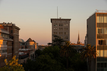 Sunset view of downtown Stockton, California, USA.