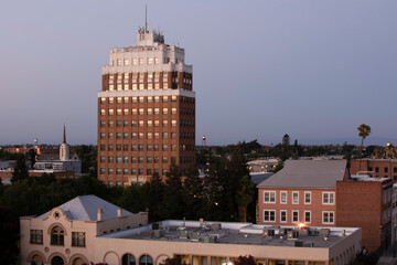 Nighttime twilight view of downtown Stockton, California, USA.